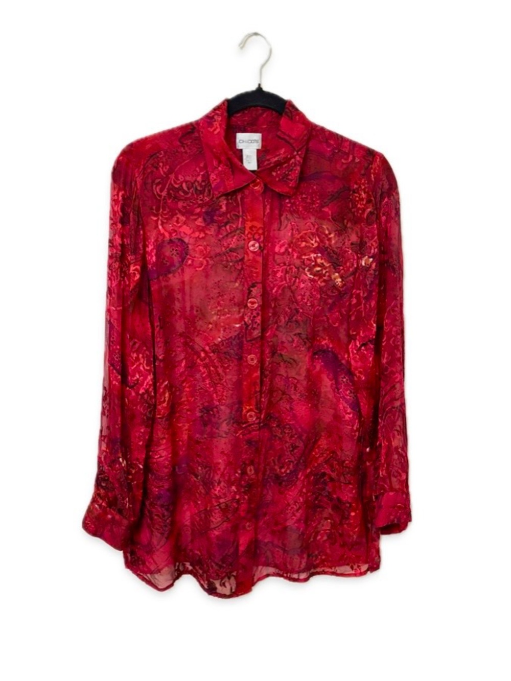 Chico’s Silk Blend Sheer Blouse Red Paisley Button Up Long Sleeve Size 1
